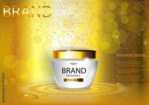 eps 10 vector advertising poster of revolutionary formula hand or face cream with honeycombs on golden background with bokeh effect. Realistic brand cosmetic tube package, cosmetic web, print banner