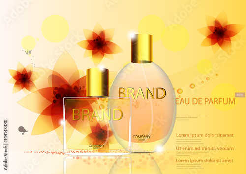 eps 10 vector advertising poster of luxury eau de parfum isolated on orange background with flowers. Premium perfumery advertisement banner for web, print. Realistic glass bottle with vaporizer spray