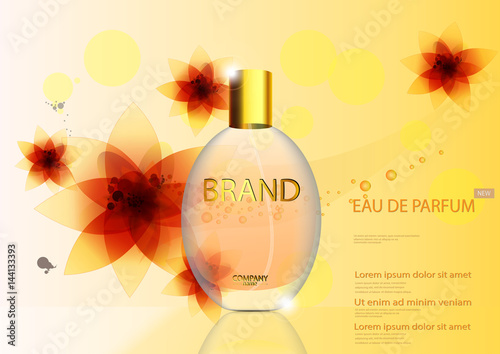 eps 10 vector advertising poster of luxury eau de parfum isolated on orange background with flowers. Premium perfumery advertisement banner for web, print. Realistic glass bottle with vaporizer spray