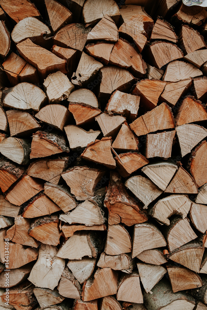 Fototapeta premium Woodpile of cut trees in the lumberyard. Background and texture with space for text or image. Fire wood prepared for winter.