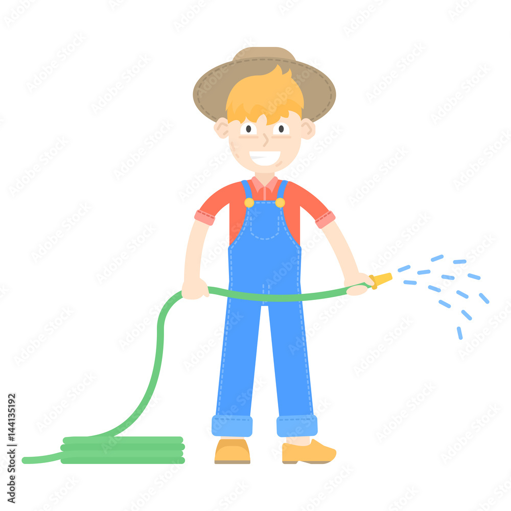 Farmer in hat dressed in a blue jumpsuit watering with hoses Farmer in hat dressed in a blue jumpsuit watering with hoses