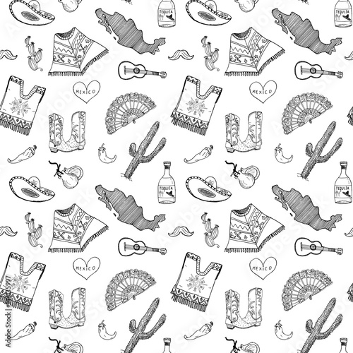 Mexico seamless pattern doodle elements, Hand drawn sketch mexican traditional sombrero hat, boots, poncho, cactus and tequila bottle, map of mexico, music instruments. vector illustration background
