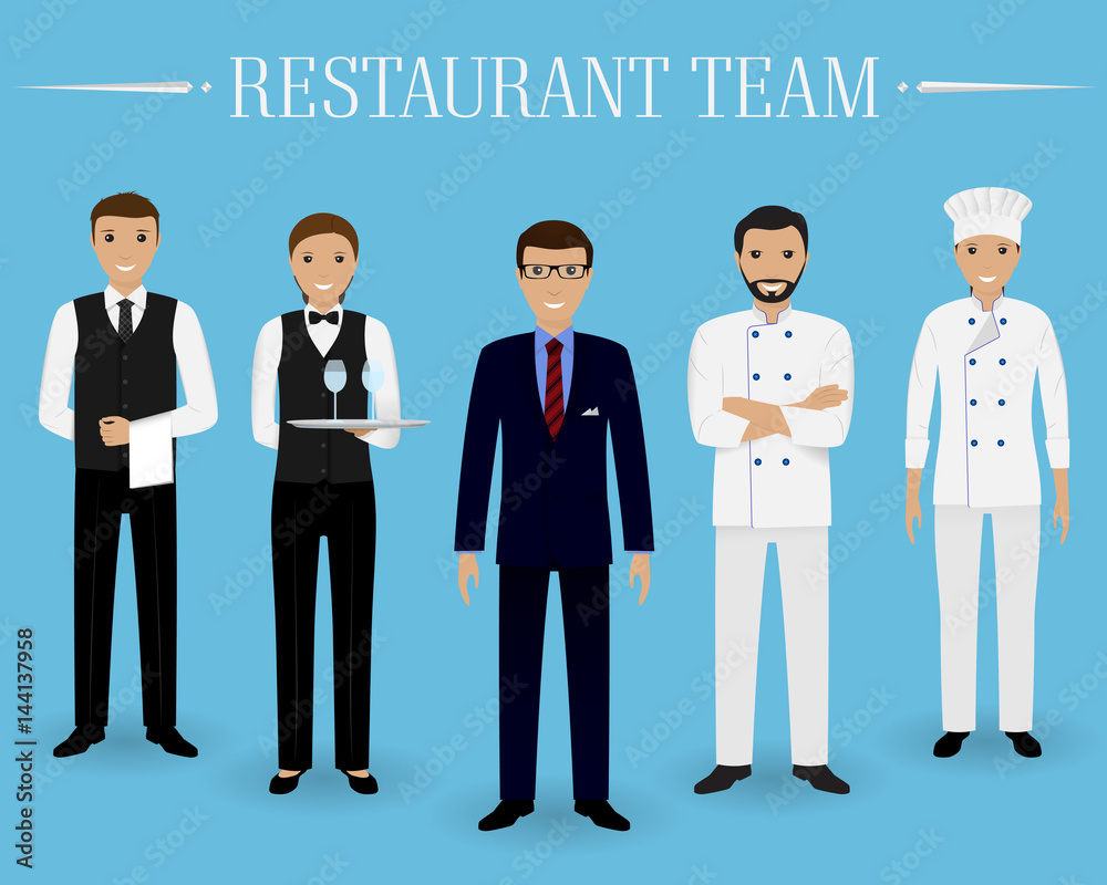 Restaurant team concept. Group of characters standing together: manager, chef, cook and two waiters in uniform.