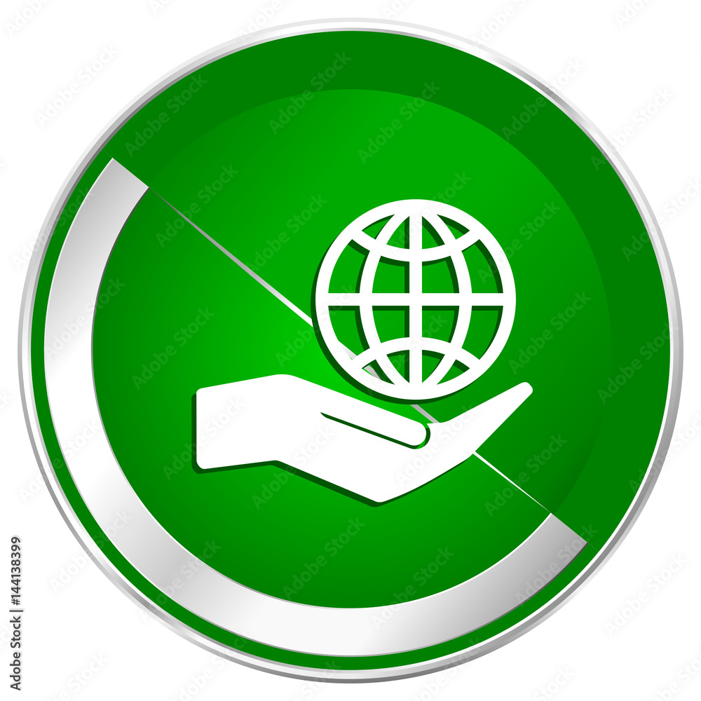 Hand protect the earth silver metallic border green web icon for mobile apps and internet. Hand protect the earth silver metallic border green web icon for mobile apps and internet.