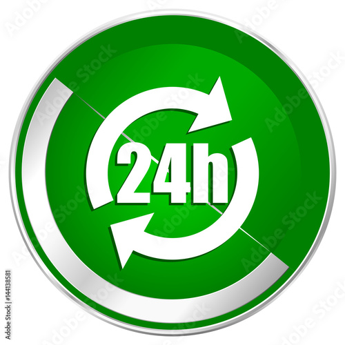 24h silver metallic border green web icon for mobile apps and internet.