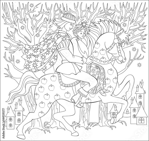Black and white illustration of prince and princes riding on horse for coloring. Worksheet for children and adults. Vector image.
