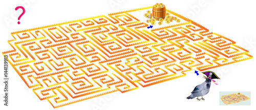 Logic puzzle game with labyrinth. Need to draw the way from the crow till the treasure. Vector image.