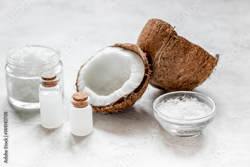 organic cosmetics concept with coconut on table background
