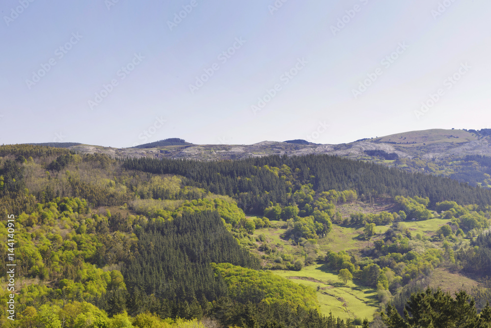 Green mountains of Biscay, Basque country, Spain. Photo taken from the town of Galdames, in a sunny day on spring.