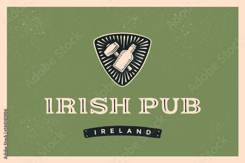 Classic retro styled label for Irish Pub with logo and text irish pub, ireland and hand-drawn bottle whiskey or beer and shamrock of clover, Lofo for beer pub, bar and restaurants. Vector Illustration