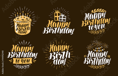 Happy Birthday  label. Beautiful handwritten lettering. Birth day  holiday symbols or logos. Vector illustration