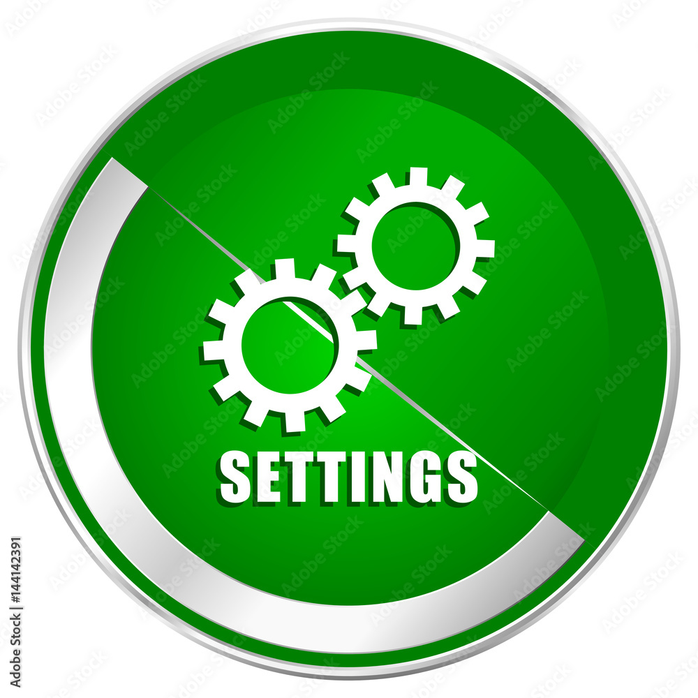 Settings silver metallic border green web icon for mobile apps and internet.