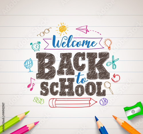 Back to school vector drawing in white paper with colorful crayons, coloring pens and elements. Vector illustration banner.
