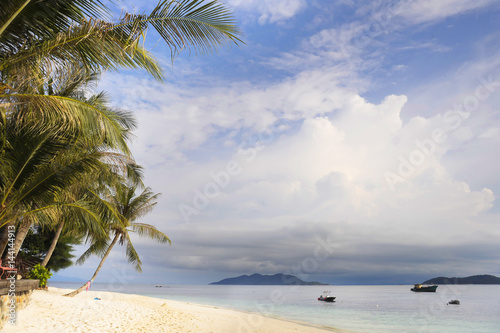 paradise sea landscape with white sand and emerald ocean shore in Rawa Island Malaysia