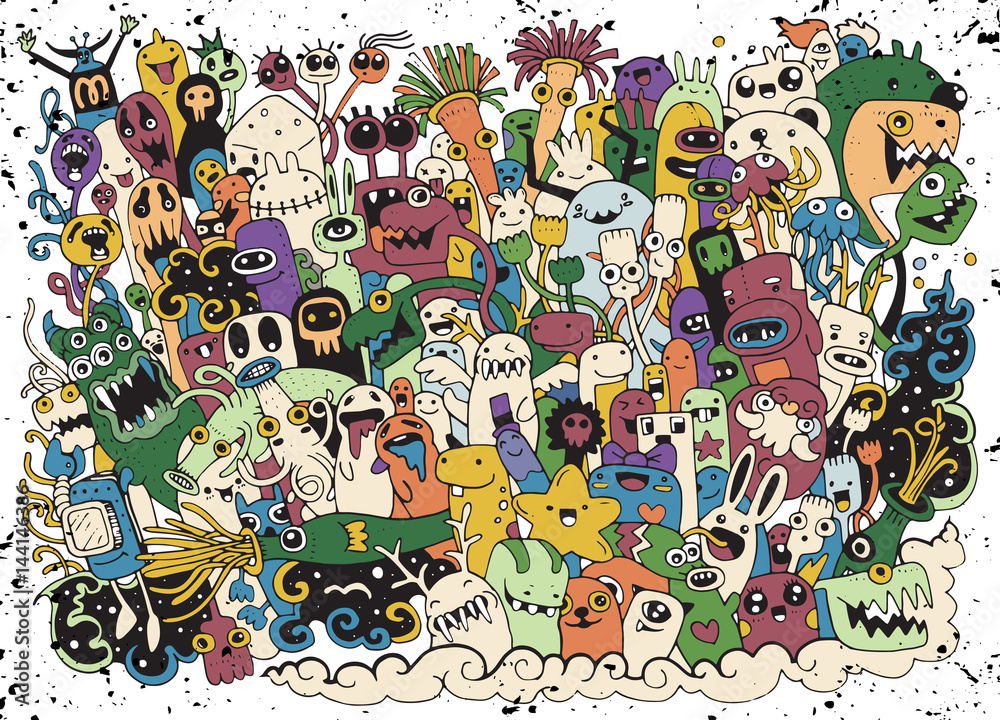 Naklejka Hipster ręcznie rysowane Szalony doodle Potwór grupa rysunek stylu. Ilustracja wektorowa