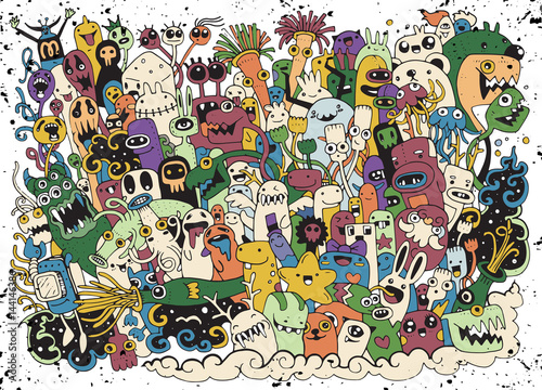 Naklejka Hipster ręcznie rysowane Szalony doodle Potwór grupa rysunek stylu. Ilustracja wektorowa