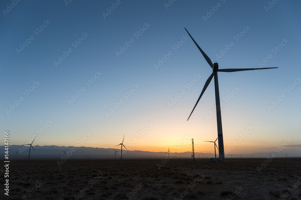 wind farm in sunset