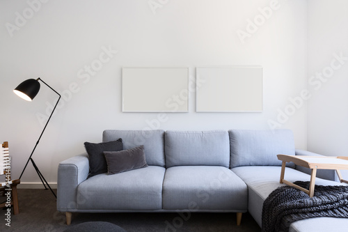 Pale blue linen sofa and bl...