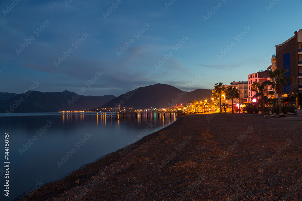 Marmaris beach at night to the icmeler side