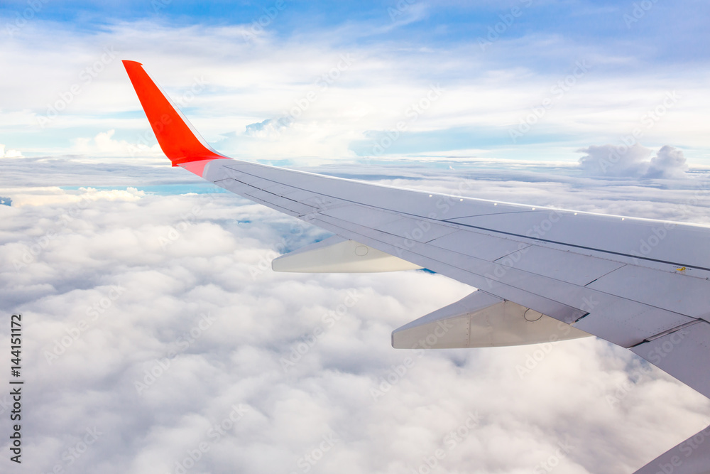 Morning sunrise with Wing of an airplane. Photo applied to tourism operators. picture for add text message or frame website. Traveling concept