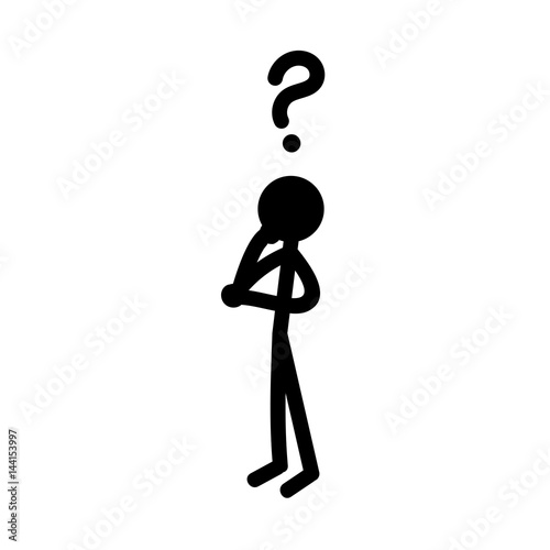 Stick figure in thinking posture. Stick man thinking about a solution to a question. Vector illustration isolated on white