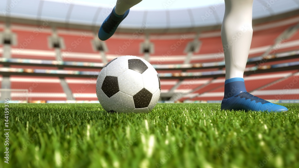 Fototapeta premium detail soccer player kicking ball on field 3d illustration
