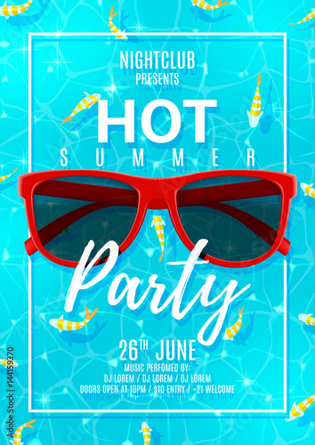 Blue poster for summer party. Beautiful background of sea water with fishs. Vector illustration. Invitation to nightclub.