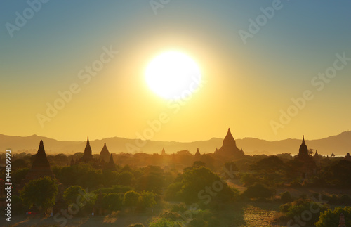Temples silhouette in Bagan at sunset