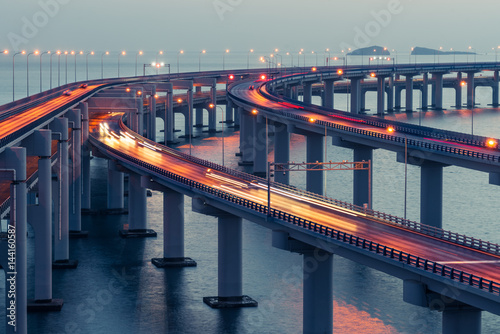 Dalian Cross-Sea Bridge at dusk,landmark of Dalian,China.