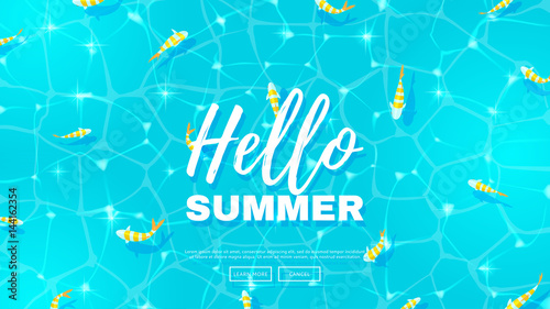 Hello summer web banner wit fish. Blue background on the sea topic. Vector illustration. Hello Summer Holiday backdrop.