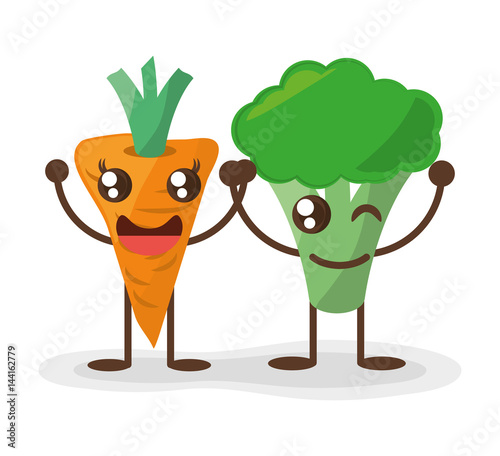 kawaii carrot and broccoli fun food vector illustration eps 10
