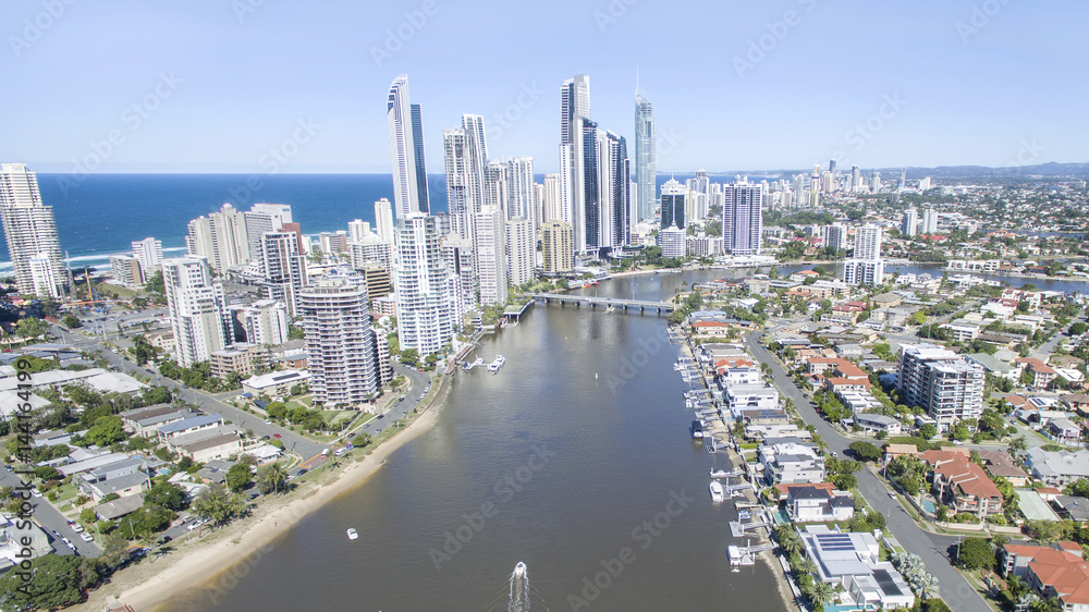 Aerial view of Surfers Paradise skyline and Chevron Island waterfront properties