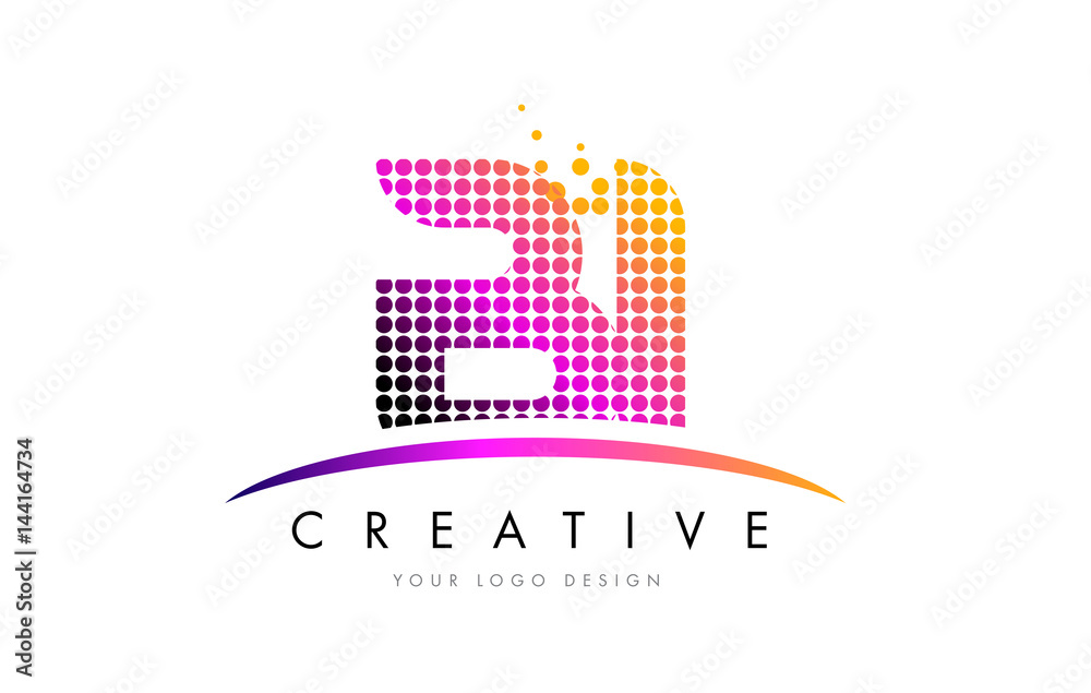 BI B I Letter Logo Design with Magenta Dots and Swoosh
