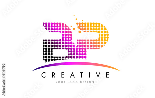 BP B P Letter Logo Design with Magenta Dots and Swoosh