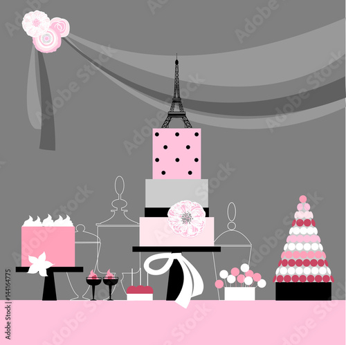 Dessert bar with  Eiffel tower,  macaroons and cake.  Birthday sweet table. Vector illustration