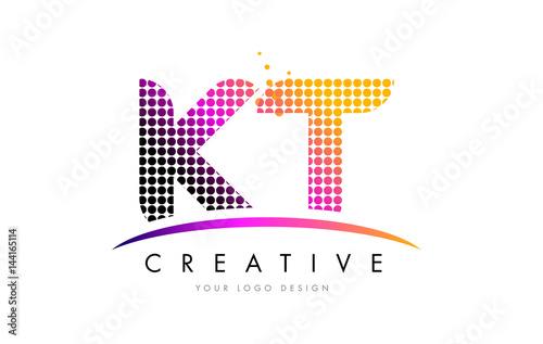 KT K T Letter Logo Design with Magenta Dots and Swoosh