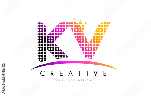 KV K V Letter Logo Design with Magenta Dots and Swoosh