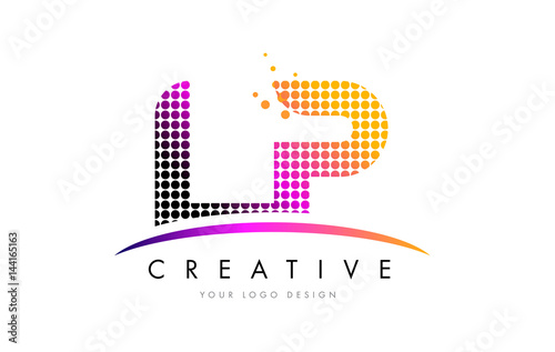 LP L P Letter Logo Design with Magenta Dots and Swoosh