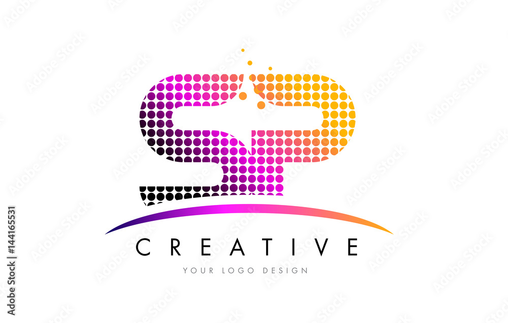 SP S P Letter Logo Design with Magenta Dots and Swoosh