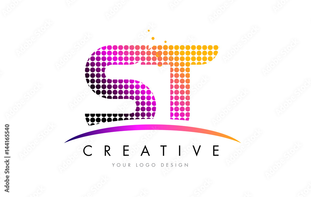 ST S T Letter Logo Design with Magenta Dots and Swoosh