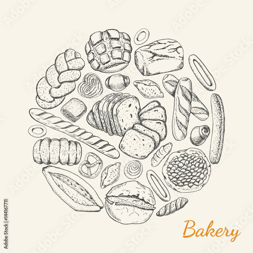 Vector background with various bakery products arranged in a circle