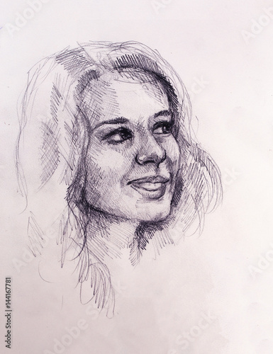 Portrait beautiful woman. pencil drawing on old paper.