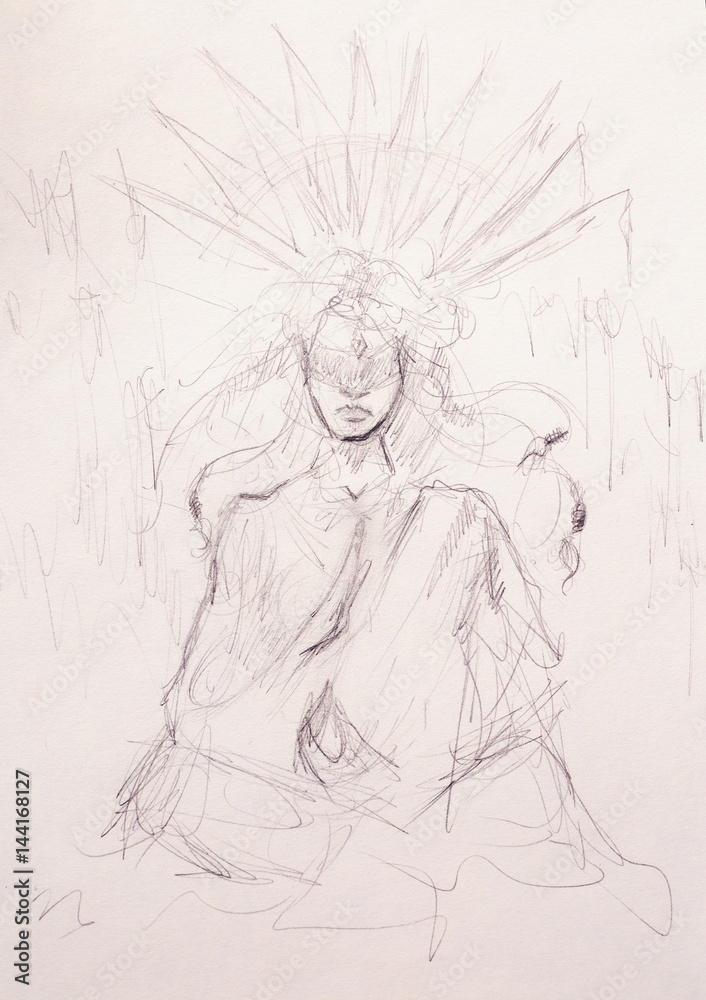 Mystic meditating woman. pencil drawing on old paper.