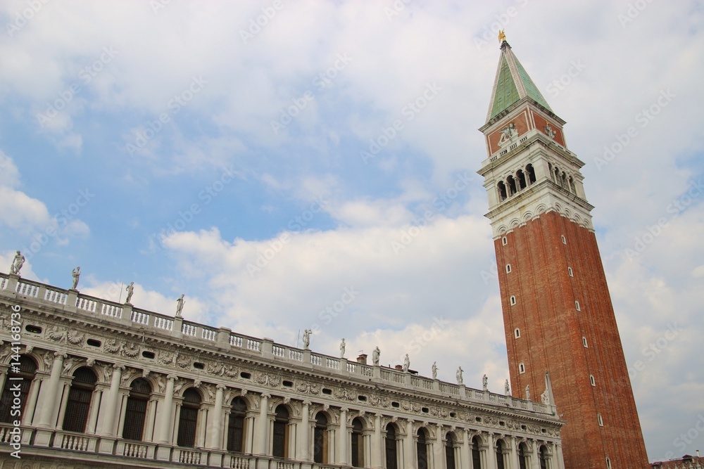 View of the bell tower Campanile and building on the piazza San Marco, Venice, Italy, Europe.