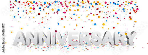 Anniversary banner with colorful confetti.