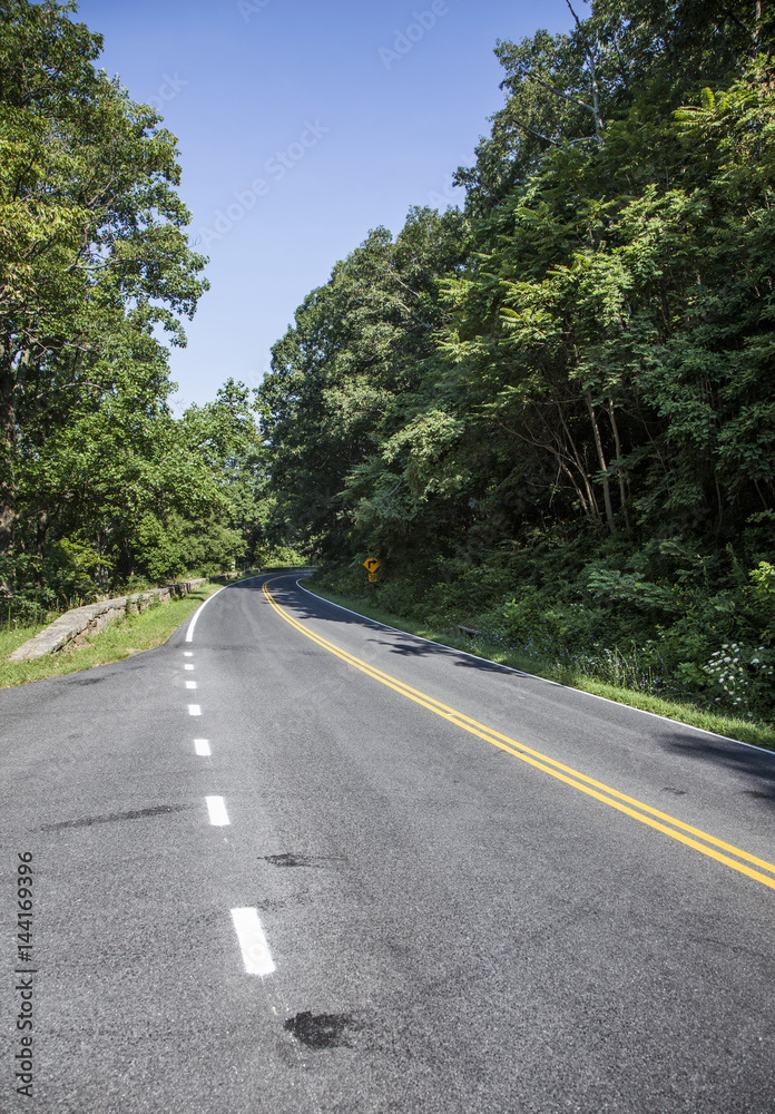 scenic country road curves through Shenandoah  National Park