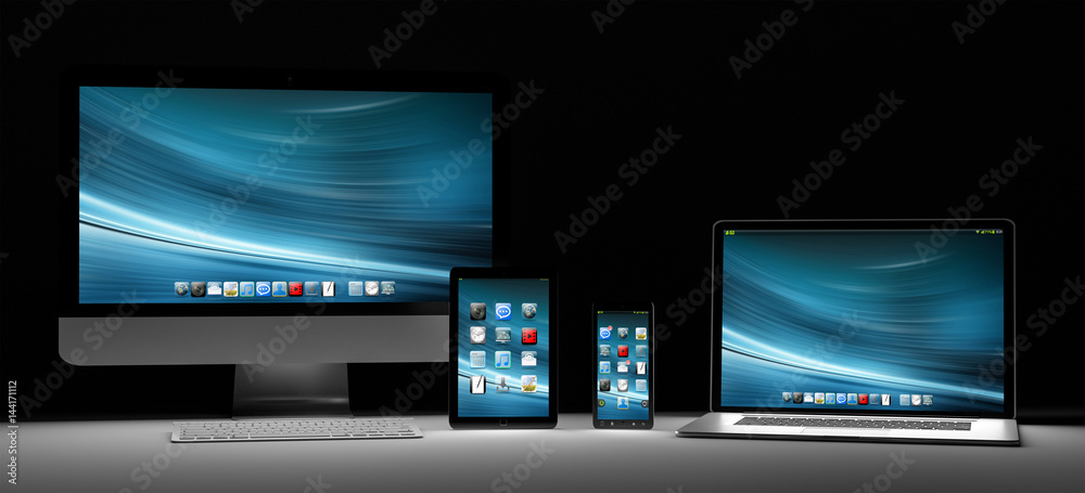 Dark modern computer laptop mobile phone and tablet 3D rendering Dark modern computer laptop mobile phone and tablet 3D rendering