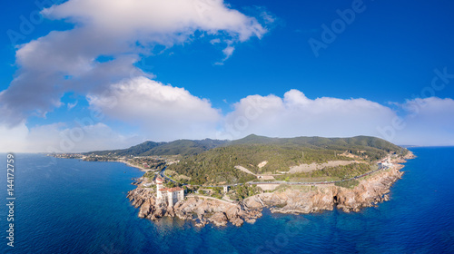 Calafuria, Leghorn. Amazing sunset aerial view of Tuscany coastal line