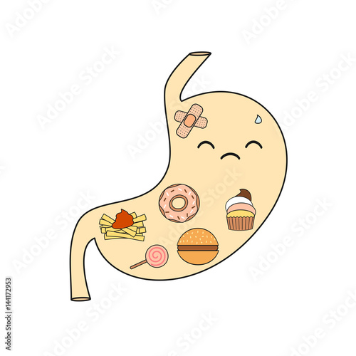 cute cartoon unhealthy sad stomach with junk food concept vector illustration

