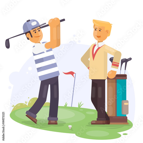 Golfing friends holding clubs at golf course Flat vector illustartion